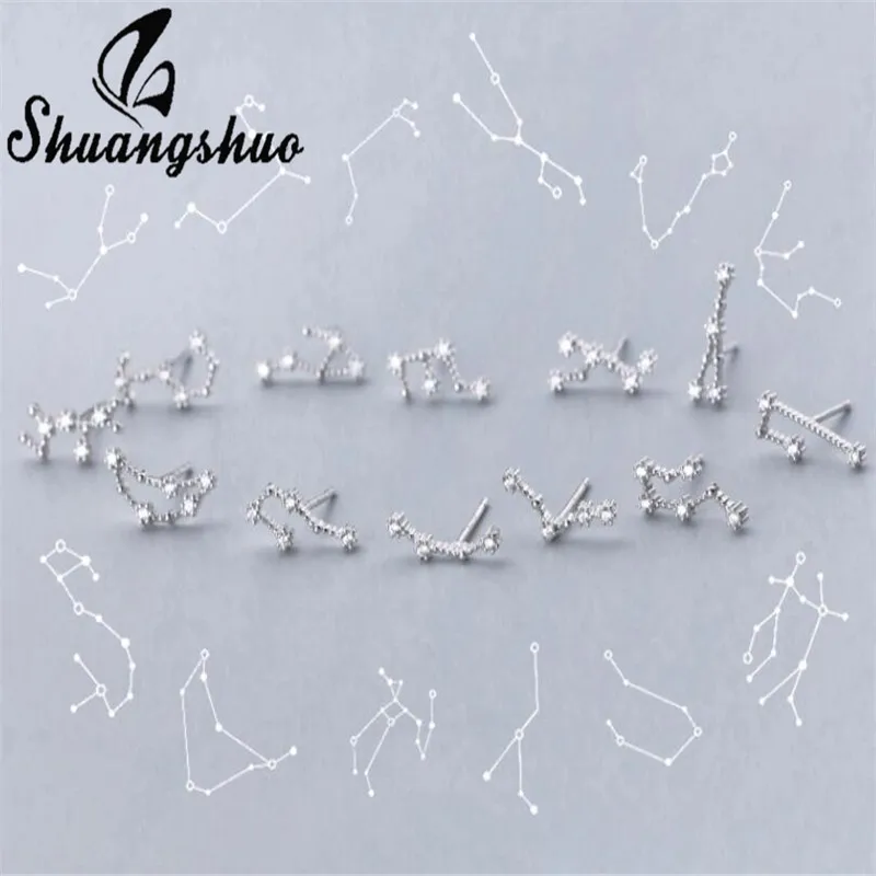 Shuangshuo Vintage Fashion 12 Constellation Aries Taurus Stud Earring Women 925 Sterling Silver Star Earrings Wedding Jewelry