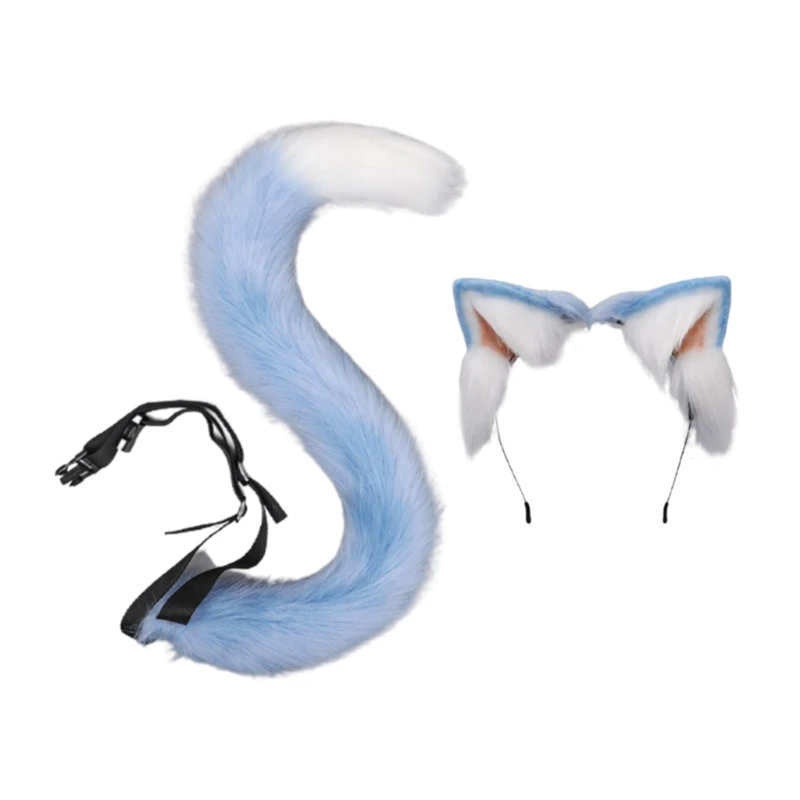 

Cosplay Furry Animal Cat Ears Hair Hoop Tail Set Lolita Costume Long Fur Headpiece for Halloween Party Decoration F3MD
