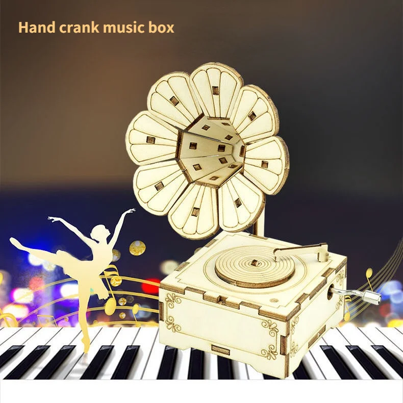 

Wooden music box ornaments classical carving DIY hand-cranked music box harp phonograph boutique crafts gifts gifts