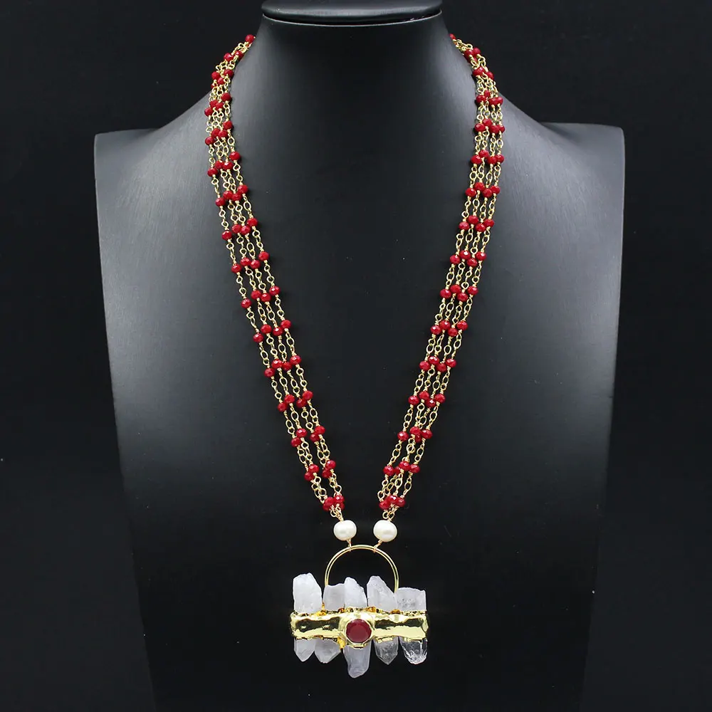 

GG Jewelry 4 Rows White Pearl Red Crystal Chain Bezel Set Chain Statement Clear Quartz Red Jades Pendant Necklace