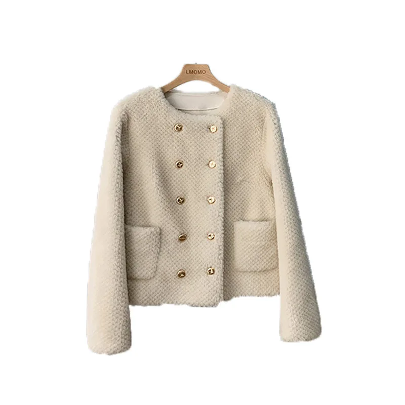 2021 Winter Elegant Short Fur Coat Women Solid Double Breasted Crop Jacket Temperament Ladies Lambs Wool Fur Warm Coats