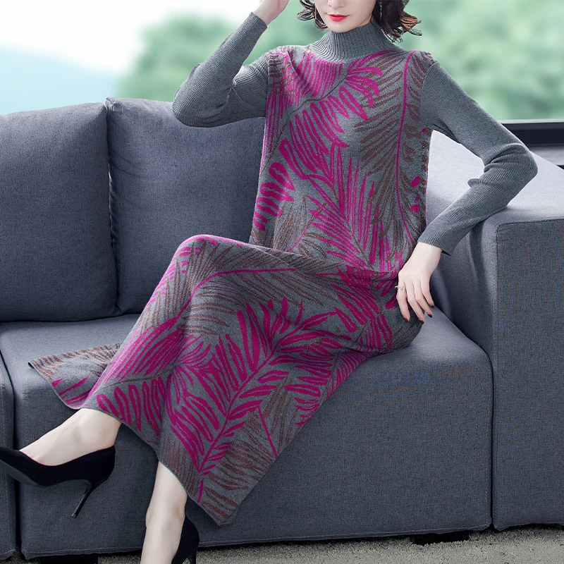 

New Female Autumn/Winter 2021 Half A Turtle Neck Long Sleeve Knit Dress Wool Dress In Long Length Dress Dress