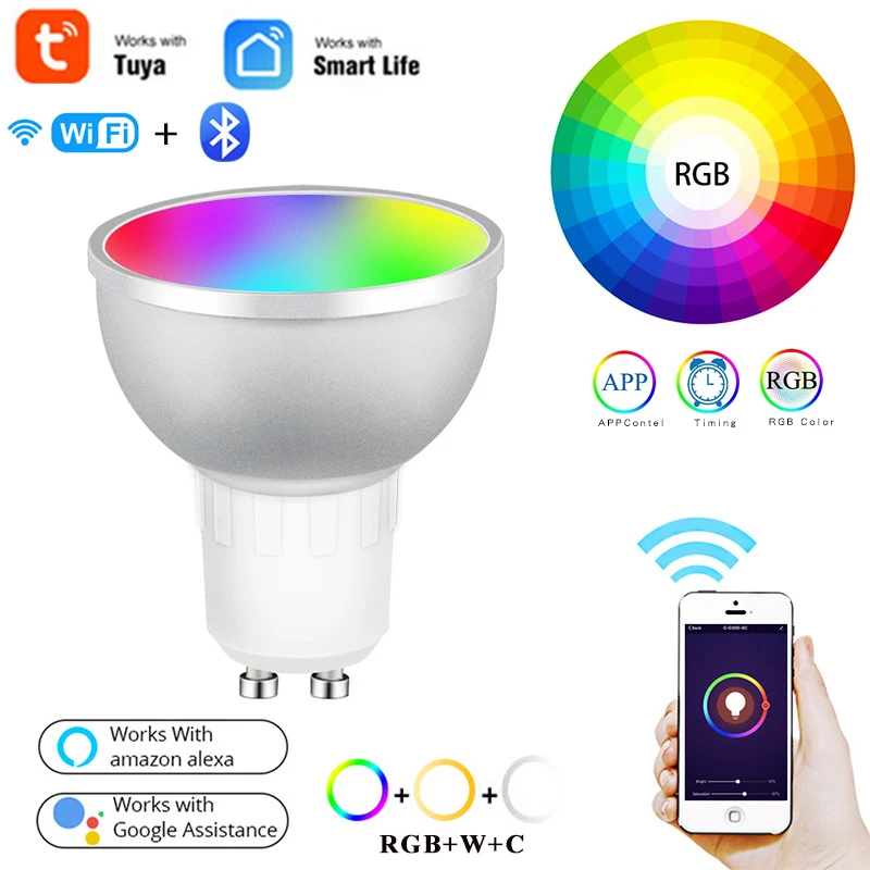 

Умная лампа Tuya GU10 с поддержкой Wi-Fi, 5 Вт, RGB + CW