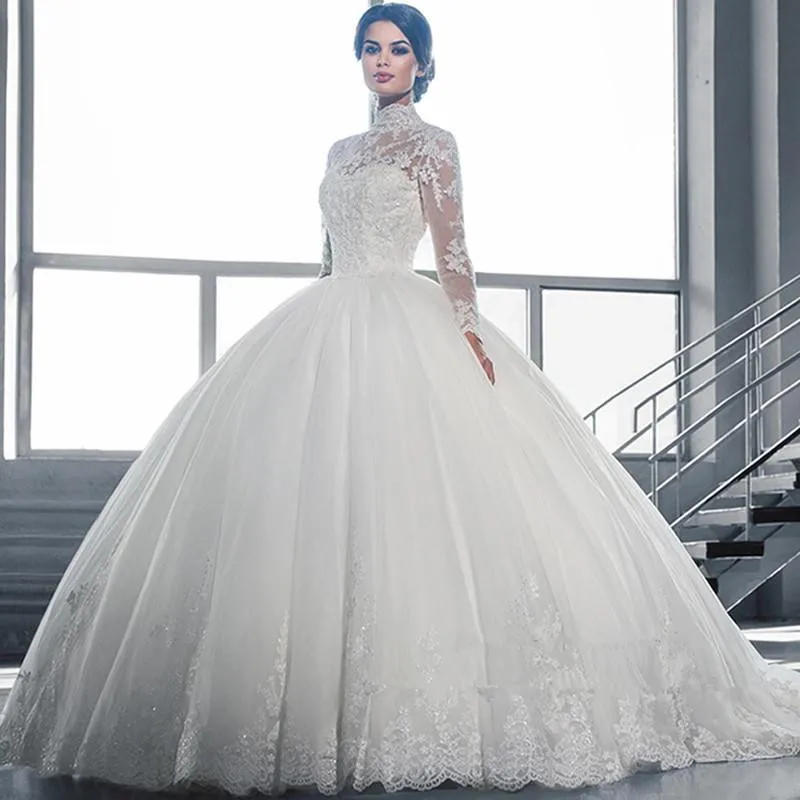 

High Collar Sheer Long Sleeves Lace Ball Gown Wedding Dresses 2019 Vintage Applique Lace Tulle Bridal Gowns Vestidos De Noiva C