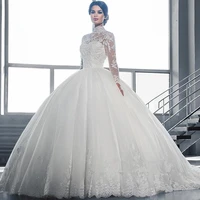 high collar sheer long sleeves lace ball gown wedding dresses 2019 vintage applique lace tulle bridal gowns vestidos de noiva c