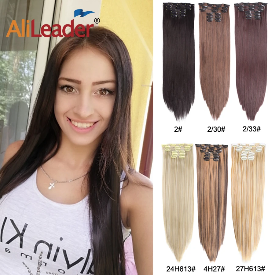 Alileader 6pcs Long Straight Women Black Brown High Tempreture Synthetic Hair Piece for women ombre Clip in Hair Extensions