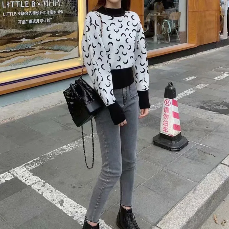 Женский короткий свитер с капюшоном повседневный свободный жаккардовый круглым