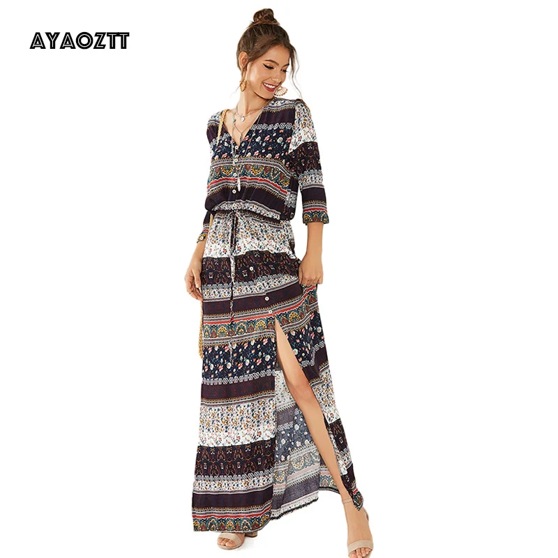 Женское платье повседневное летнее 2020 элегантное с принтом длинное женское