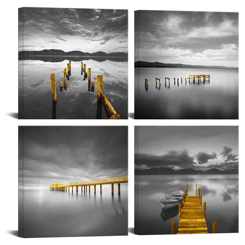 

4 Pieces Canvas Posters and Prints Bedroom Wooden Pier and Bridge Print Home Decor Poster HD Painting for Room Decoration