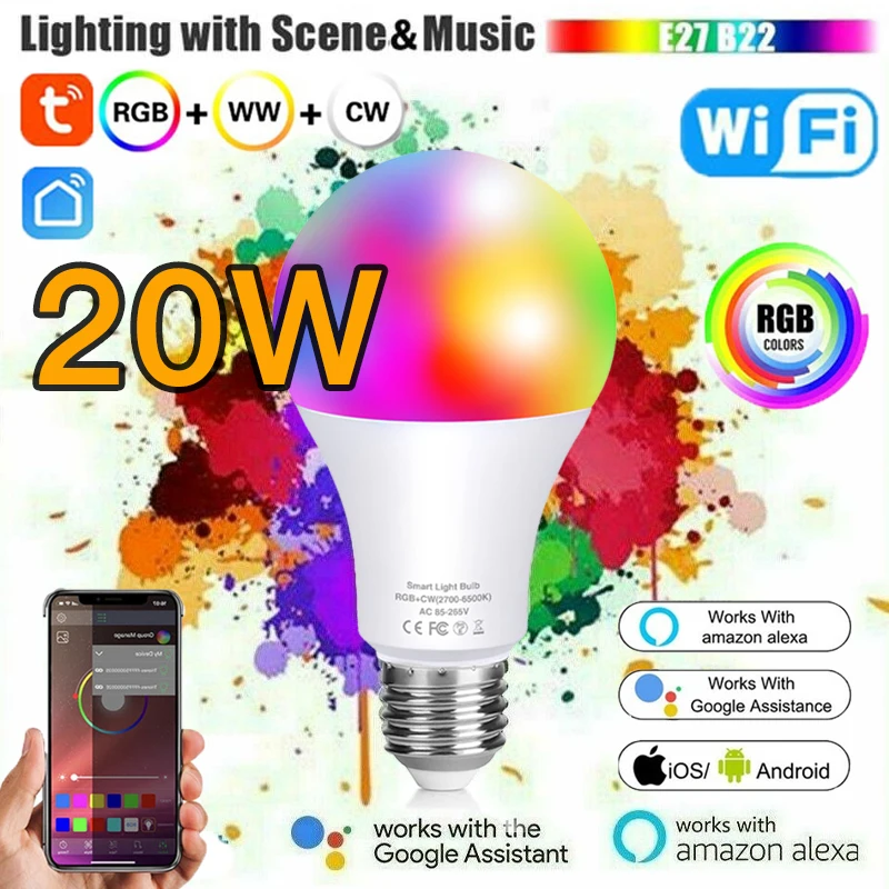 

20W Smart Bulb E27 B22 LED Lamp IR Remote Control Or Wifi Siri Voice Dimmable Alexa Google Assistant RGB AC85V-265V IOS Android