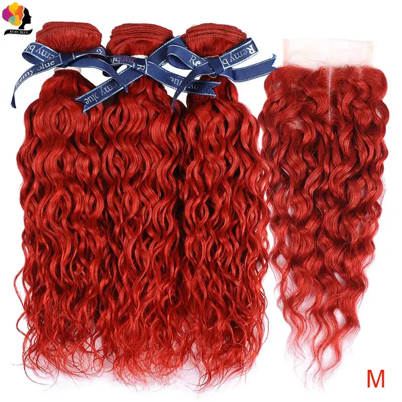 Бразильские волнистые пряди с 4*4 закрытием Remy красные натуральные кудрявые пучки