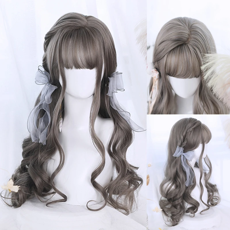 

LM 65CM Aoki Linen Ash Lolita Long Wavy Bangs Daily Ombre Party Cute Kawai Heat Resistant Synthetic Hair Cosplay Wig