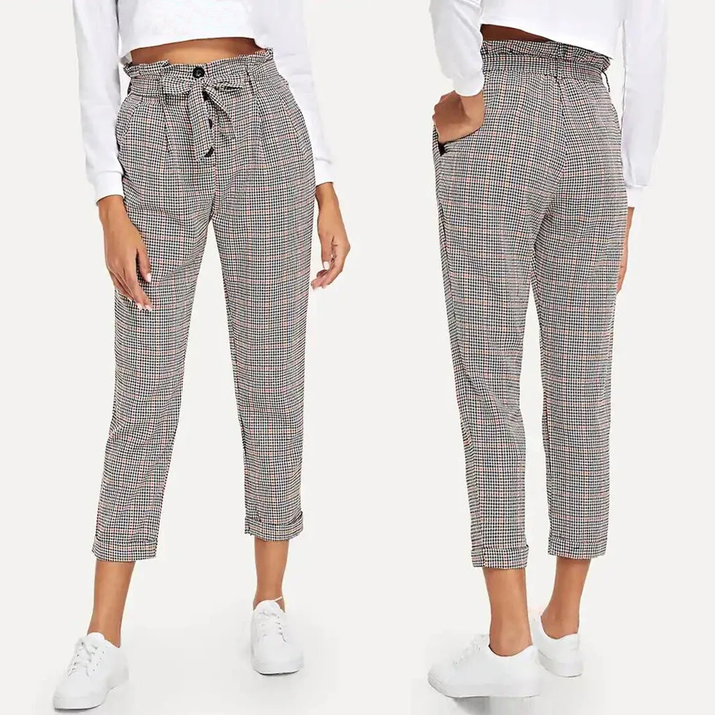 

2019 New Style Women Fashion Casual Slim High Waist Print Pocket Bandage Button Loose Trousers PantsZ815