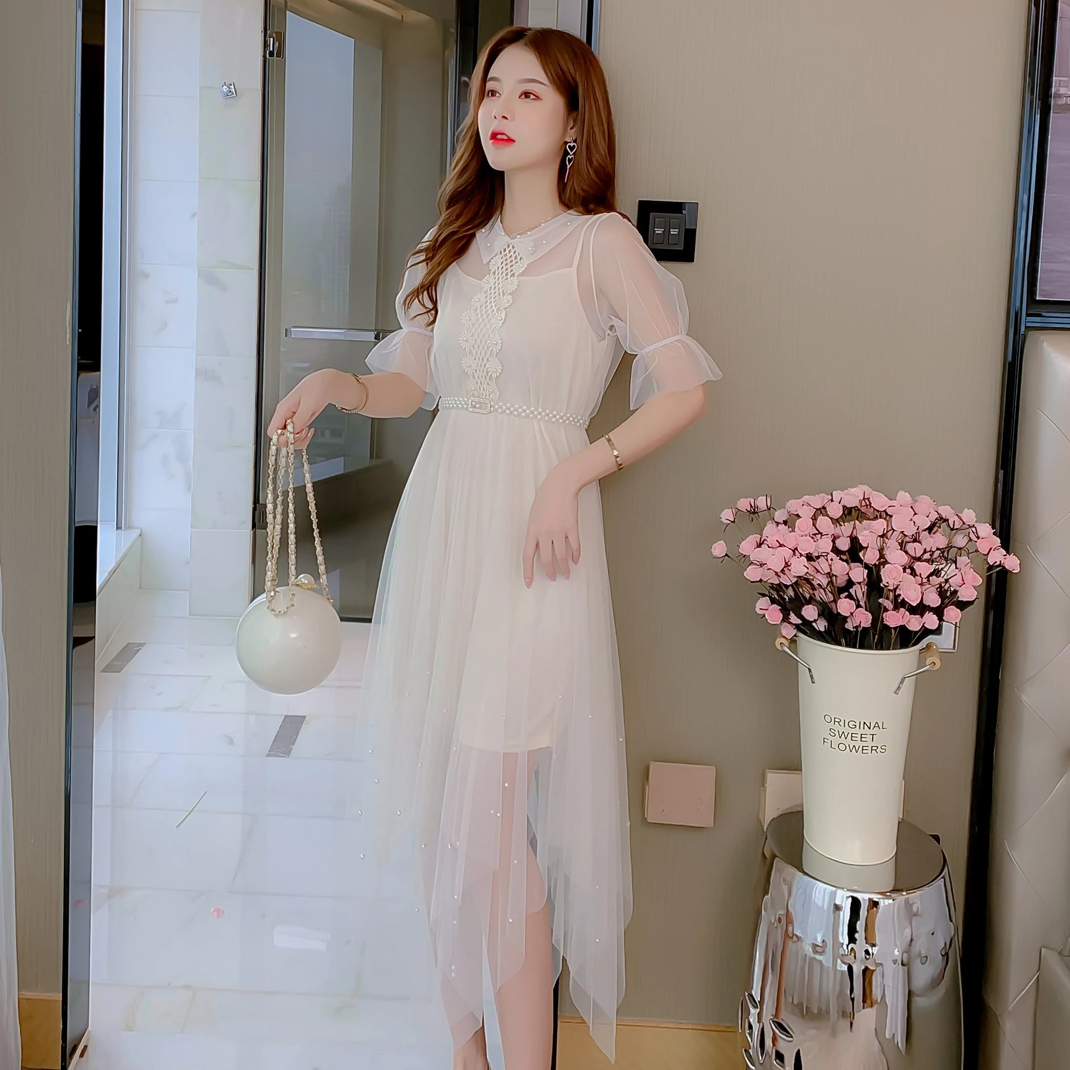 

Dresses Women 2020 Summer New Long Flared Sleeve Beaded Mesh Dress Party Apricot Pink Lace Transparent christmas Dress 761C