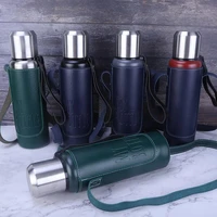1000ml portable stainless steel flasks outdoor sports vacuum flasks with leather cover thermos bottle insulated cup