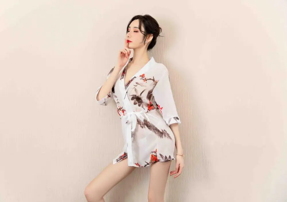 

Japanese Kimono Sexy Cosplay Outfit For Women Traditional Style Robe Print Yukata Costumes Pajamas Soft Silk Belt 2pcs Set