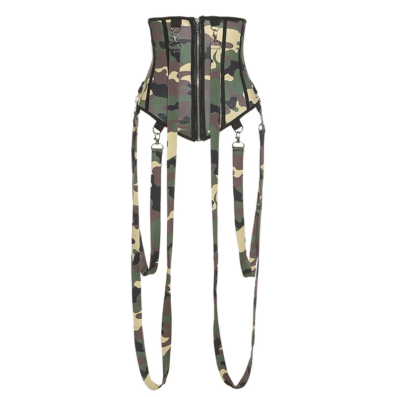 Adogirl 2021 Spring New Zipper Camo Waistband Jumpsuit Lucky Label Embroidery Solid Jumpsuit Waist Shape Belt Corset Romper