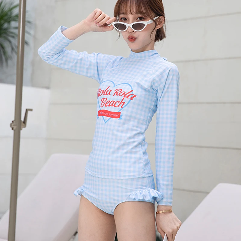 Школьная Девочка косплей милый клетчатый купальник из двух частей с длинным