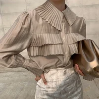 elegant korean style shirts solid color blusa single breasted long sleeve tops pleated design turn down collar blouse