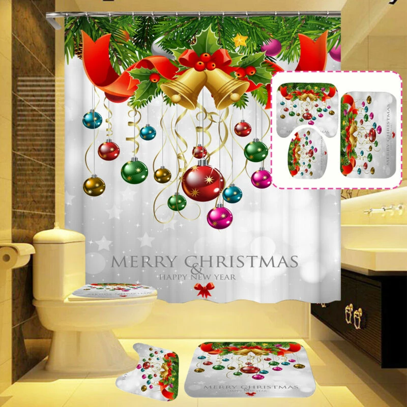

Christmas Decor Shower Curtain Toilet Seat Cover Bathroom Mat Close Stool Set