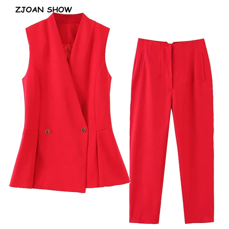 2019 стильный красный двубортный Женский блейзер без рукавов жилет Средняя Талия