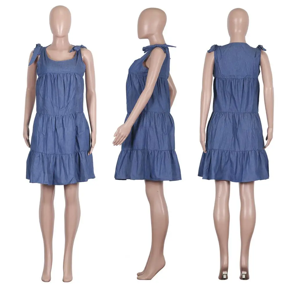 

Fashion Women Denim Short Dress with Bow Straps A line Casual Dresses