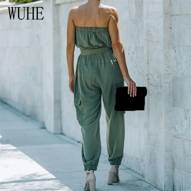 

WUHE Elegant Casual Jumpsuits Sleeveless Lace Up Pockets Breast Wrap Off Shoulder Office Work Party Sports Streetwear Overalls