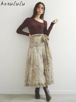 2022 early spring new japanese knitted sweater tulle print big skirt suit women