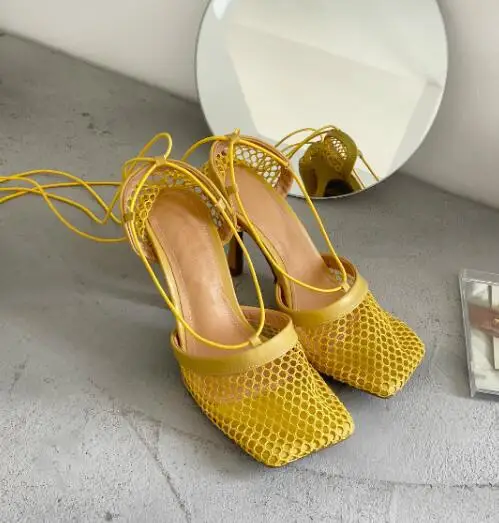 

2021 fashion sandals mesh breathable square strap high heels