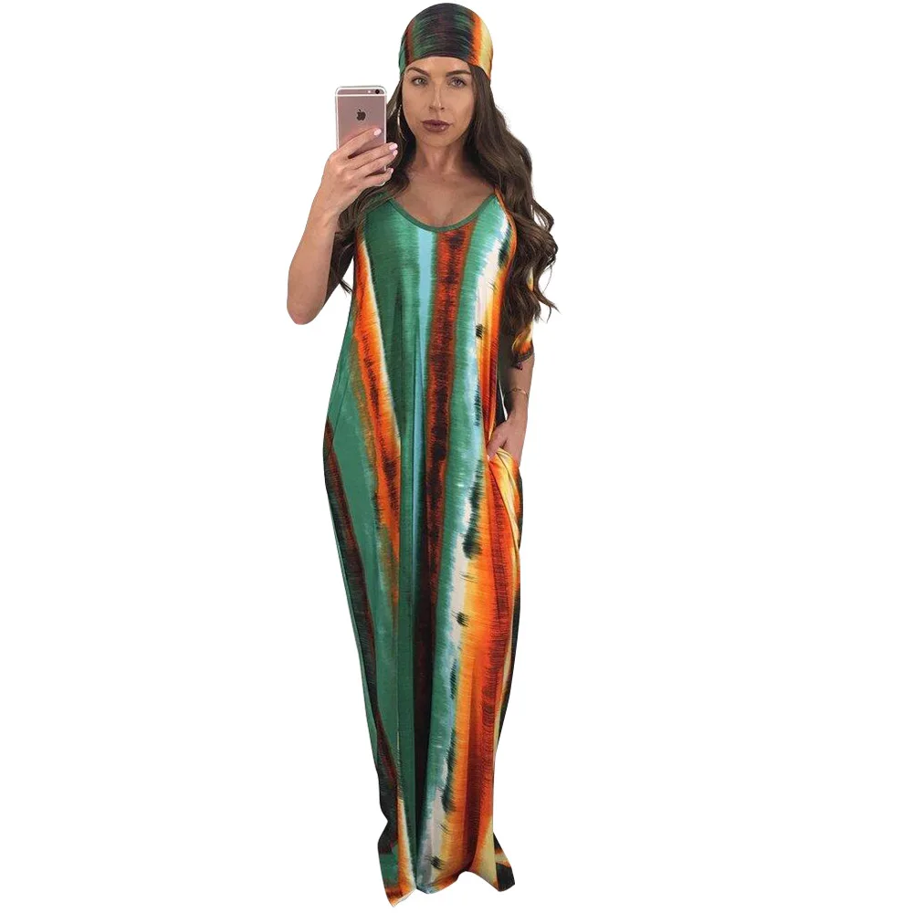 

WEPBEL Dress Women's Casual Striped Tie-Dye Print Loose Dress Summer Sleeveless O-Neck Backless Spaghetti Strap Dress