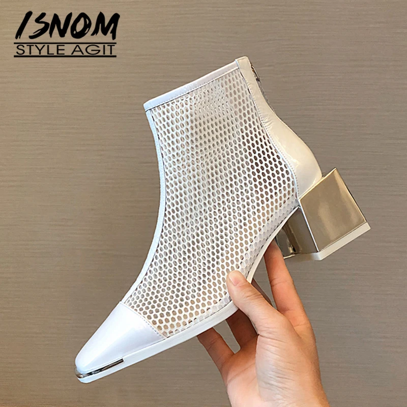 

ISNOM Ladies Mesh Summer Boots Thick High Heels Shoes Woman Patent Leather Square Toe Ankle Booties Women Fashion Shoes