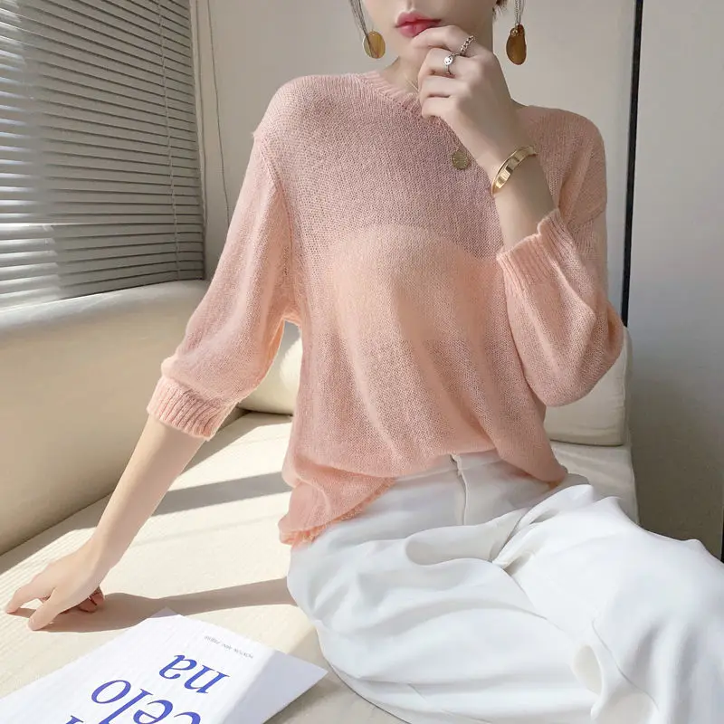 

Women's new sweater summer round neck loose thin sunscreen t-shirt