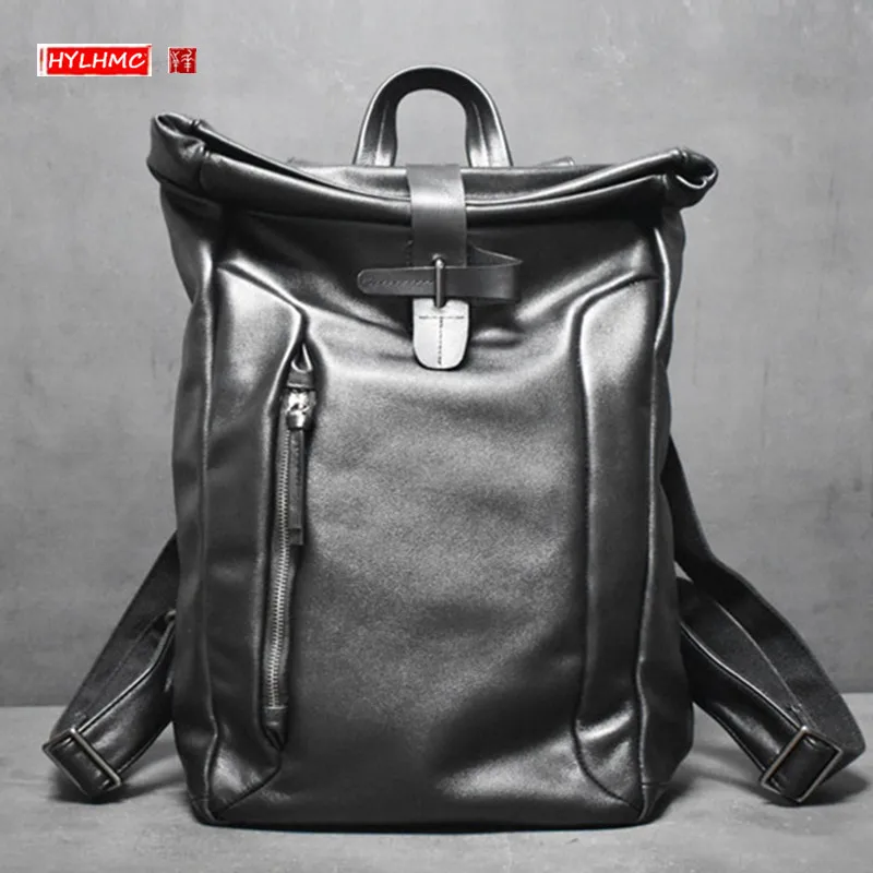 

New Genuine Leather Men's Backpack Large Capacity schoolbag laptop bag Male Travel Backpack Soft Black Leather Shoulder Bags