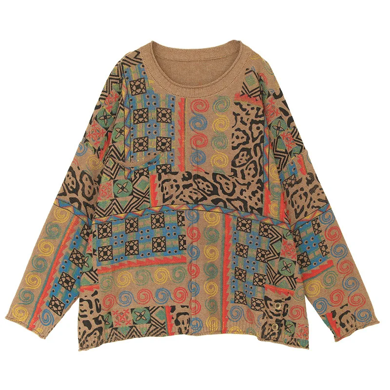 Женские винтажные свитера с цветочным принтом и круглым вырезом свободные