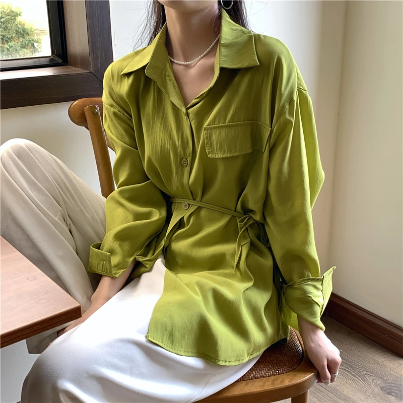 Avocado Green Sunscreen Shirt Jacket Turndown Collar Lace Up Long Shirt Women 2021 Autumn Long Sleeve Elegant Office Long Top