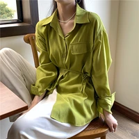 avocado green sunscreen shirt jacket turndown collar lace up long shirt women 2021 autumn long sleeve elegant office long top