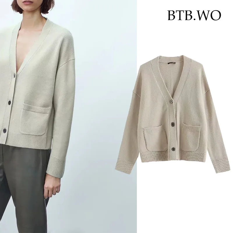 

Женский вязаный кардиган BTB.WO Za, винтажный укороченный свитер с длинным рукавом, верхняя одежда большого размера, 2021