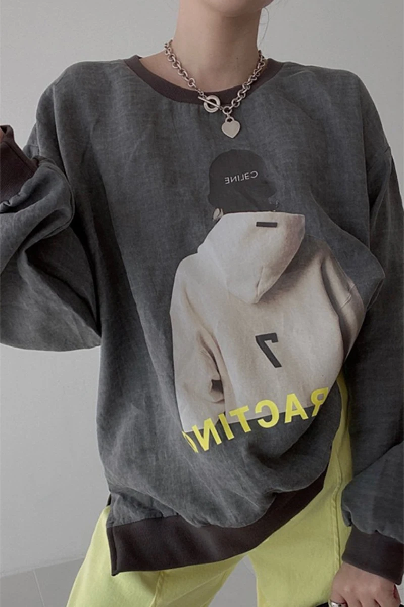 

Korea chic early autumn casual round neck pattern printing design loose pullover puff sleeve split T-shirt women