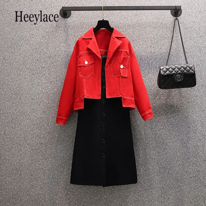 

Plus Size Set For Women Autumn Casual Two Pieces Set Streetwear Long Sleeve Notched Red Denim Coats And Straps Knitted Dress Set