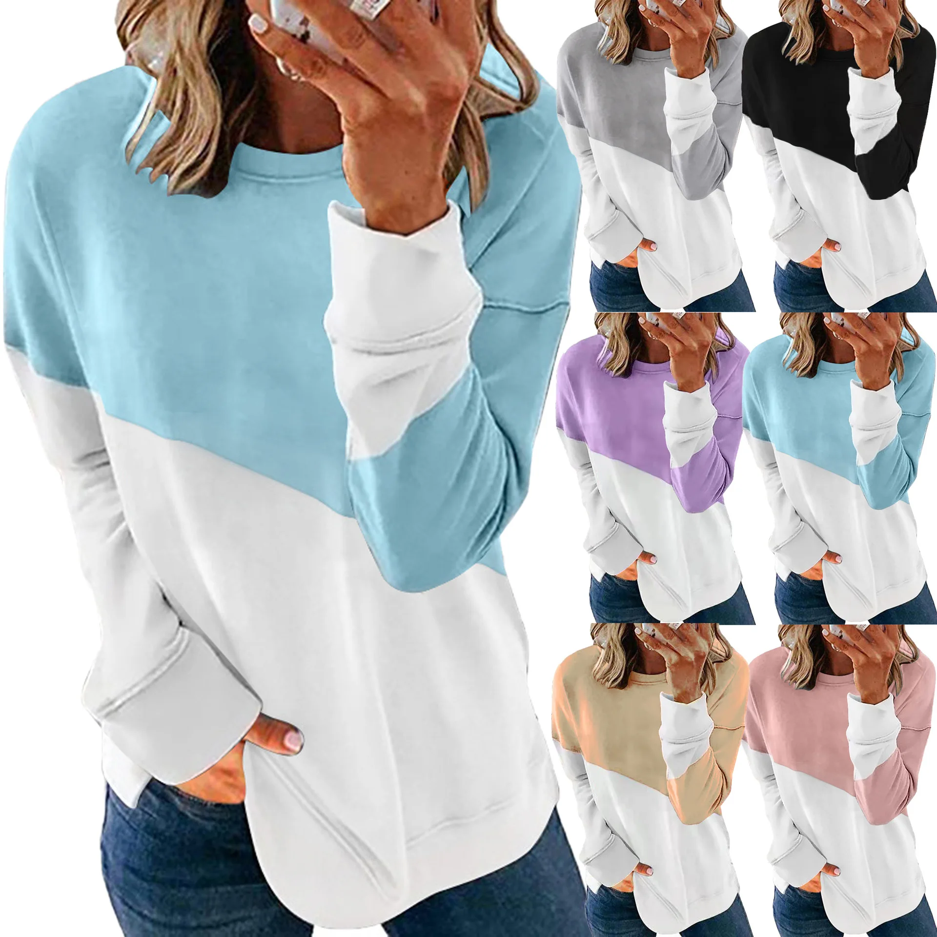 

2021 Autumn And Winter New Women's Tops Color Matching Round Neck Long Sleeves Hit Color Casual Loose Polyester Sweater T-shirts