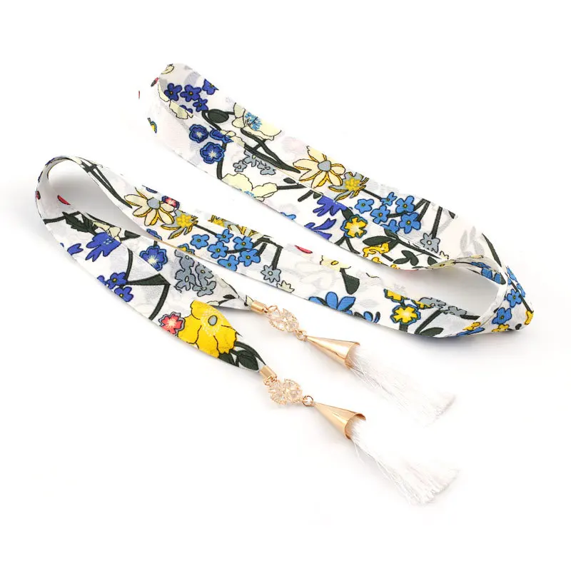 white blueflower 170*2,5 см женский цветочный шифоновый пояс подвеска с кисточкой и кристаллами дизайнерские ремни для женщин платье пальто с завязками на талии цепи дамы - Цвет: white blueflower