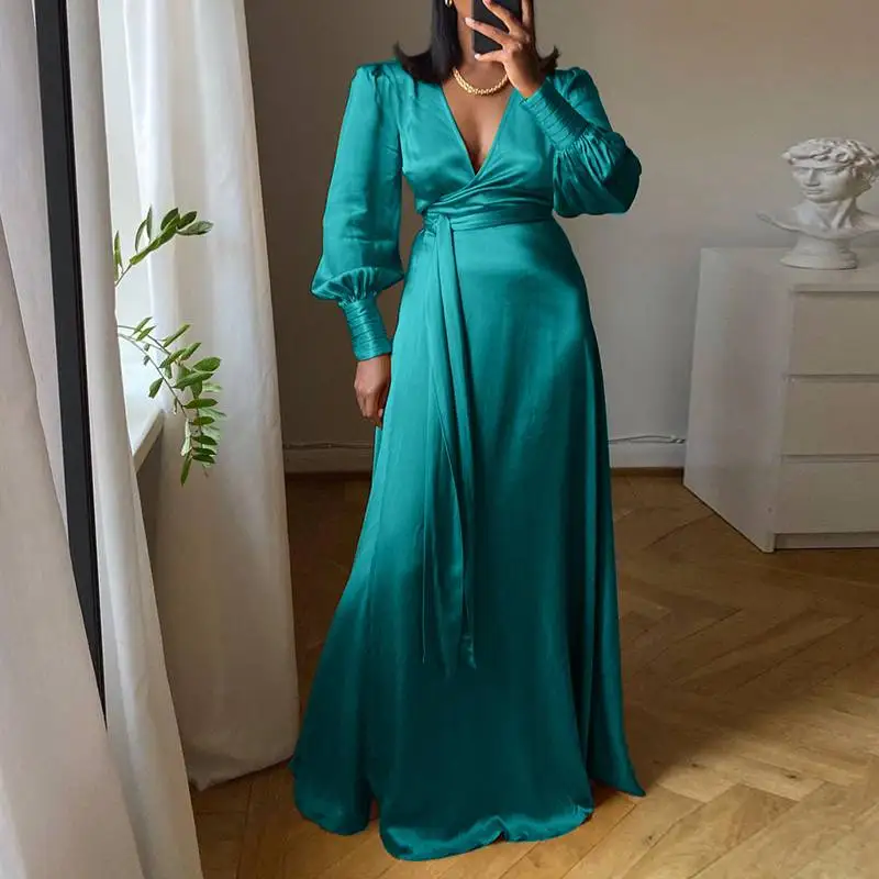 Женское вечернее Плиссированное длинное платье VONDA с V-образным вырезом Осеннее