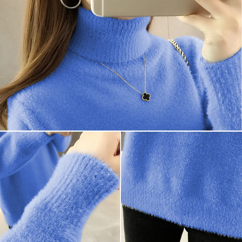 White Turtleneck Women Sweater Jumper Knitted Winter Blue Pink High Collar Warm Plush Pullover Casual Velvet Loose Plus Size | Женская