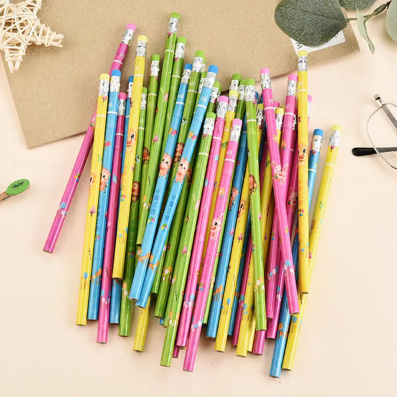 

50pcs Cartoon Cute Animal Wooden Round Pole Children's Calligraphy Practice Writing Regular Hb Small Leather Pencil Necessary