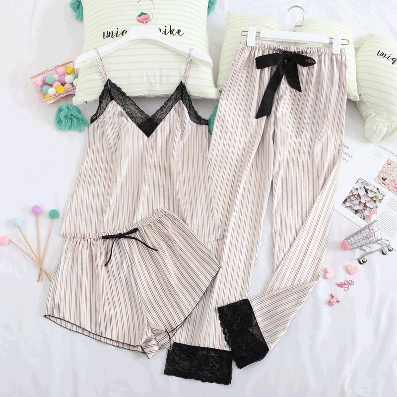 

Striped Pink Women Nightwear Intimate Lingerie Satin Lace Sexy Homewear Pajamas Suit Novelty Home Clothing 3PCS Sleepwear