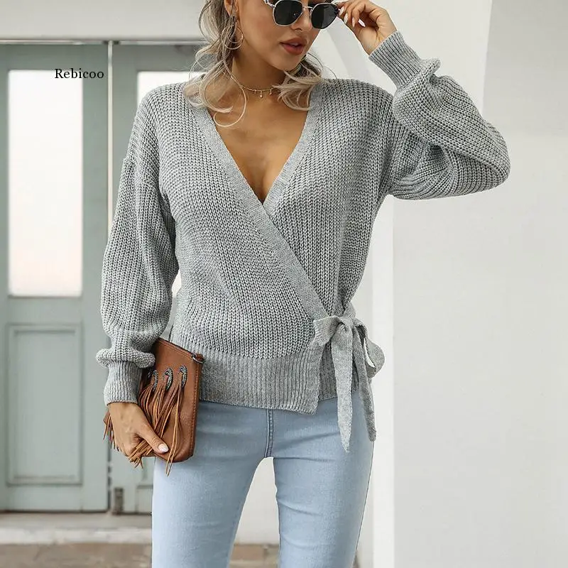

Women's Sweater Jumper 2020 Autumn and Winter Fashion Casual V-Neck Strap Knit Sweater Pullover Short Sweater for Women Clothes
