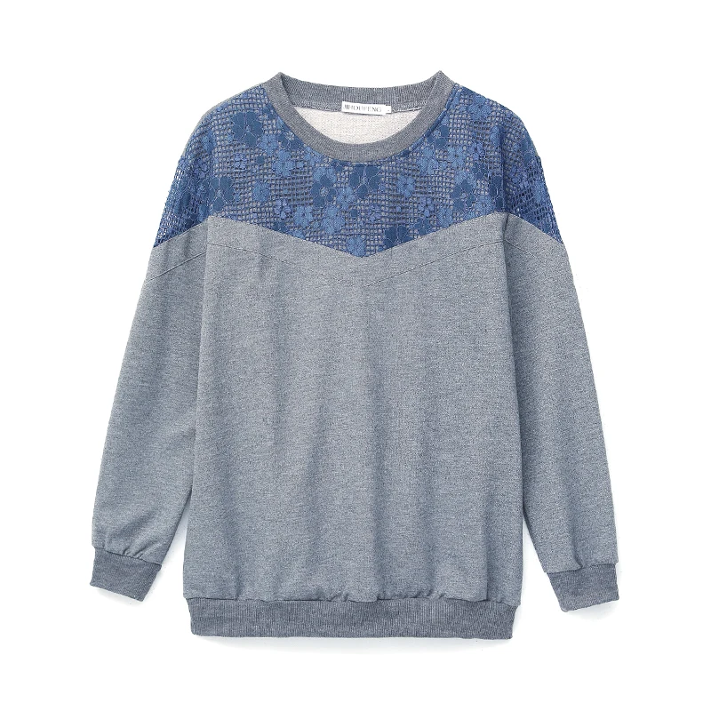 

COIGARSAM 5XL Plus Size Full Sleeve blouse women New Spring Lace Patchwork Loose blusas womens tops and blouses Gray Black 2056