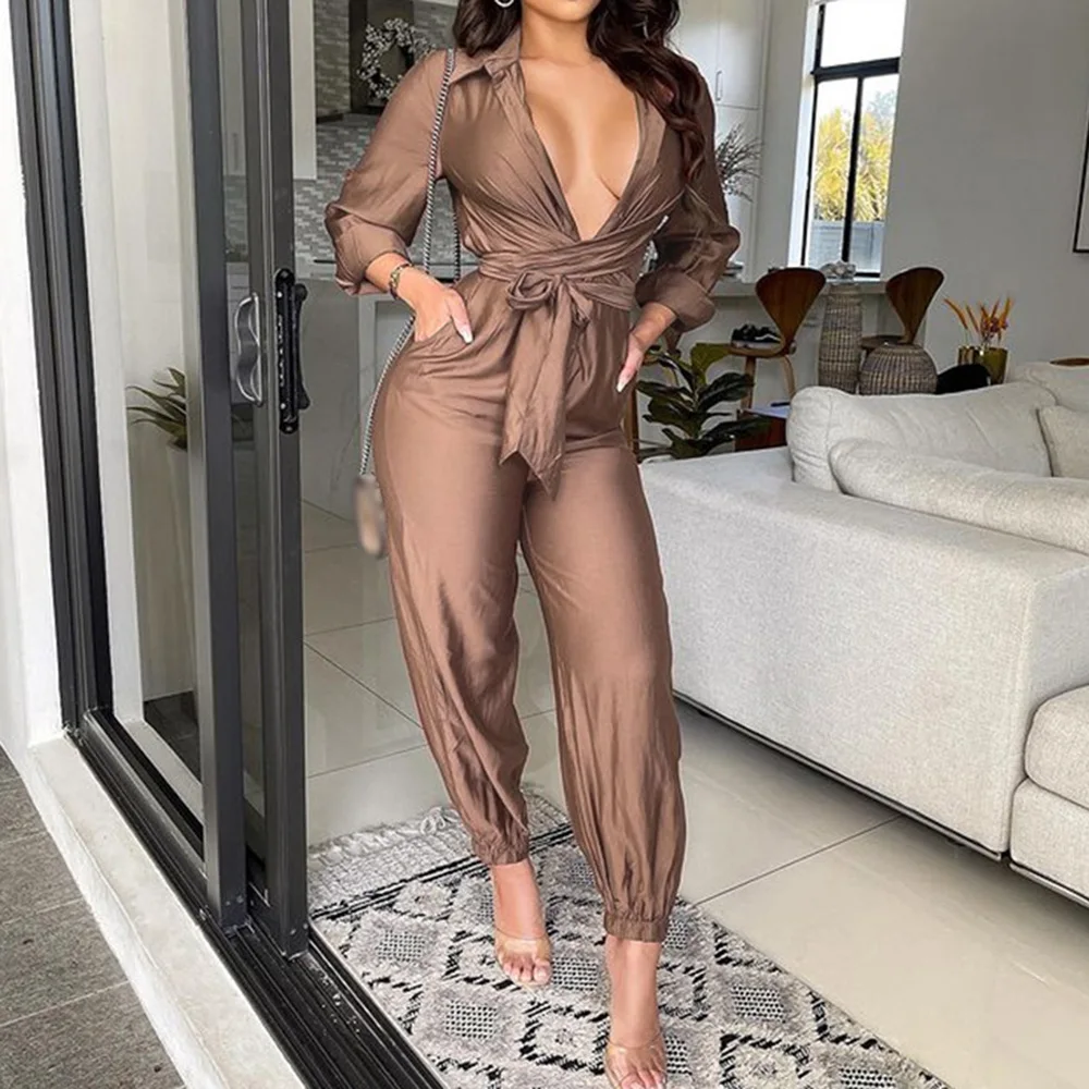 

Jumpsuit High Waist Plain Long Sleeve Jumpsuit Women V-neck Elegant Party Slim Solid Autumn Ladies Simple Tight Leg Jumpsuits