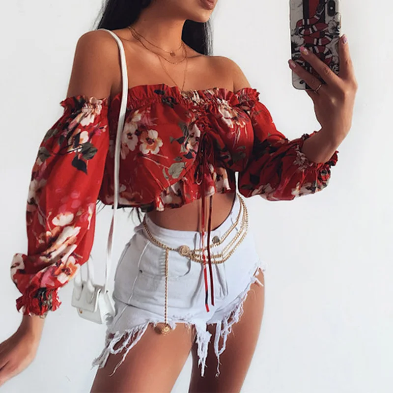 

Floral Printed Chiffon Elegant Blouse Office Women Sexy Pleated Slim Red Square Collar Female 2021 Summer Ruffles Ladies Tops
