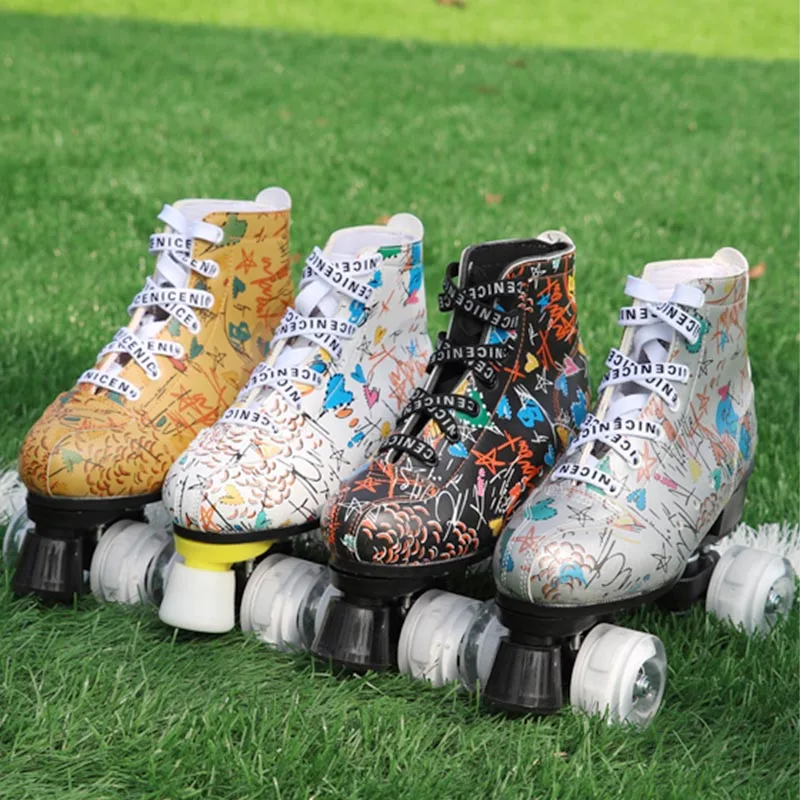 Women Gril Quad New Microfiber Leather Figure Roller Skates Double Line Skates Adult 2 Line Skating Shoes White 4 Wheels Flash